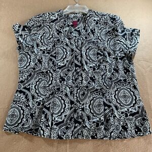 212 Collection Womens XL Black White Paisley Button Front Peplum Blouse Top